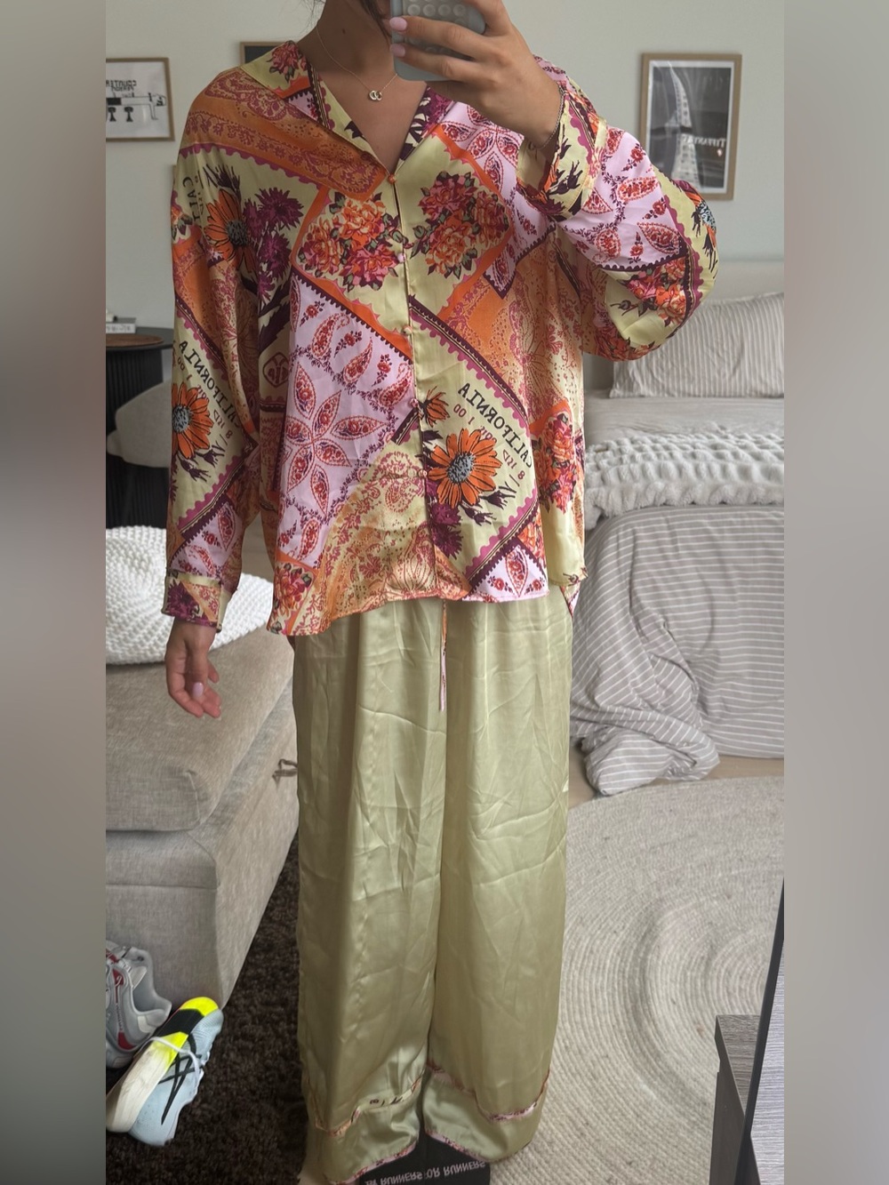 Free People Olive Green Satin pajama set